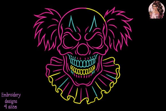 Neon Evil Clown Skull: A Bold Halloween Embroidery Pick